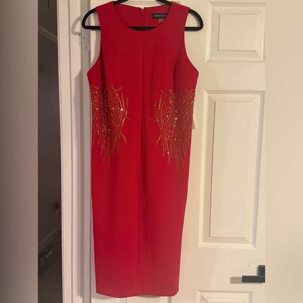Andrew Marc Red Midi Dress with Gold Embellishments